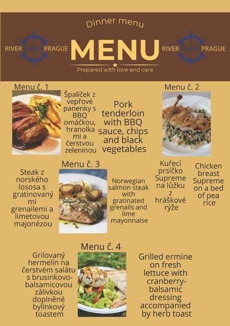 Evening cruise through Prague with 3-course served menu - Your served dinner: 3 courses, choice of main, plus Prague ham