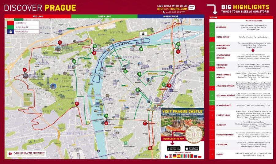 Prague: Big Bus Hop-on Hop-off, Castle Tour and River Cruise - How often do the buses run, and where will you actually get off?